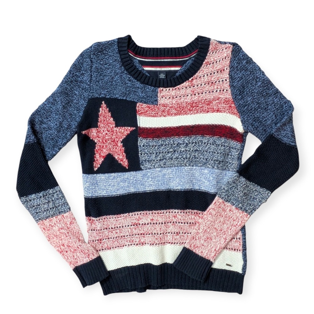 Tommy Hilfiger Americana Patchwork Knit‎ Sweater Star Stripe Red White Blue XXS